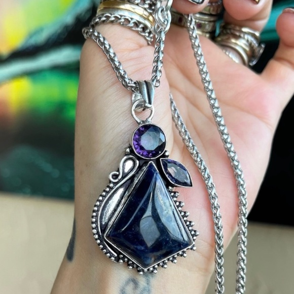 Silverskylight2 Jewelry - 925 Sterling silver overlay amethyst & dark blue sodalite gem boho necklace